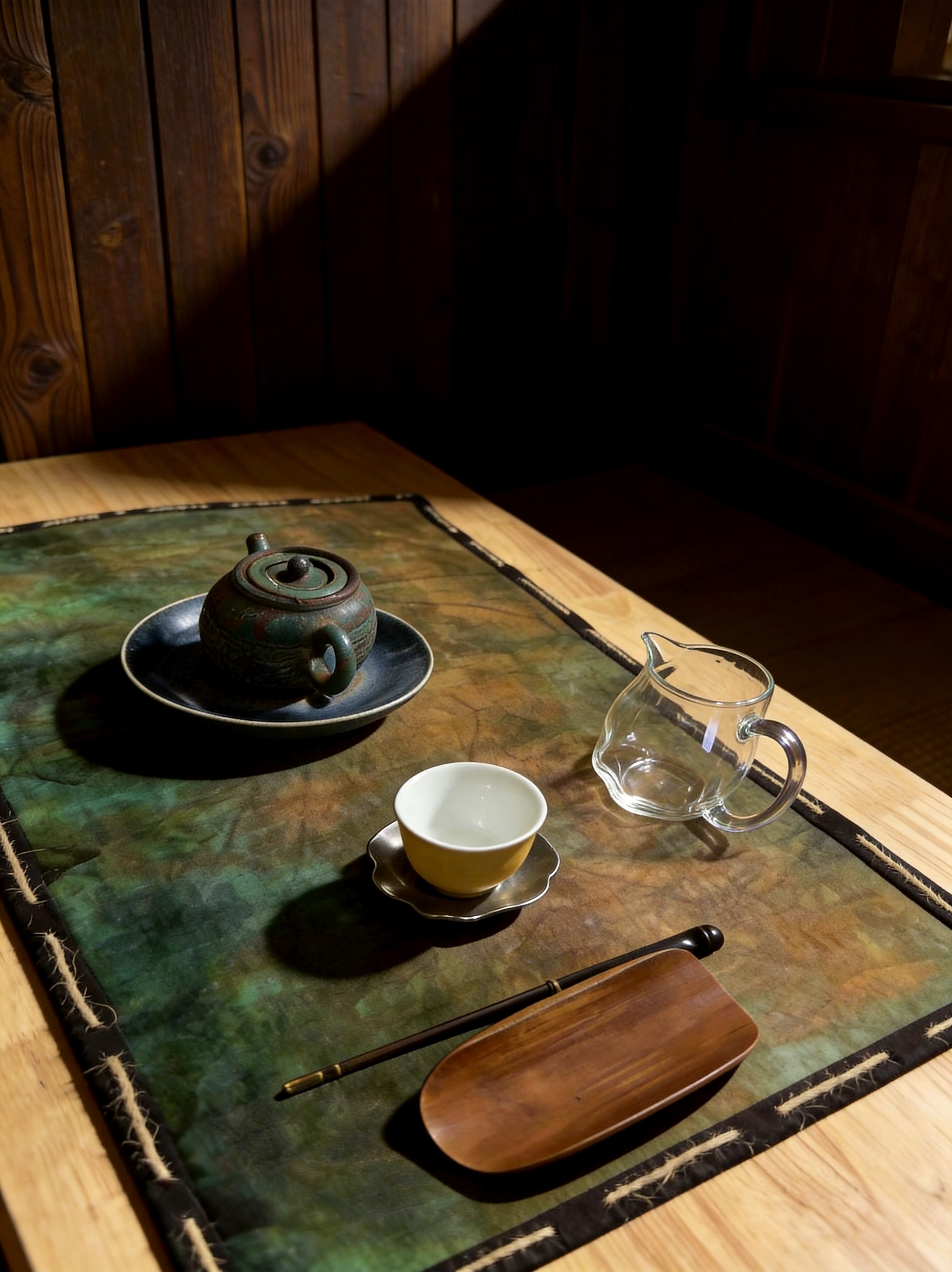 绿褐植物染茶席铺于木桌，上置陶壶、玻璃公道杯与品茗杯