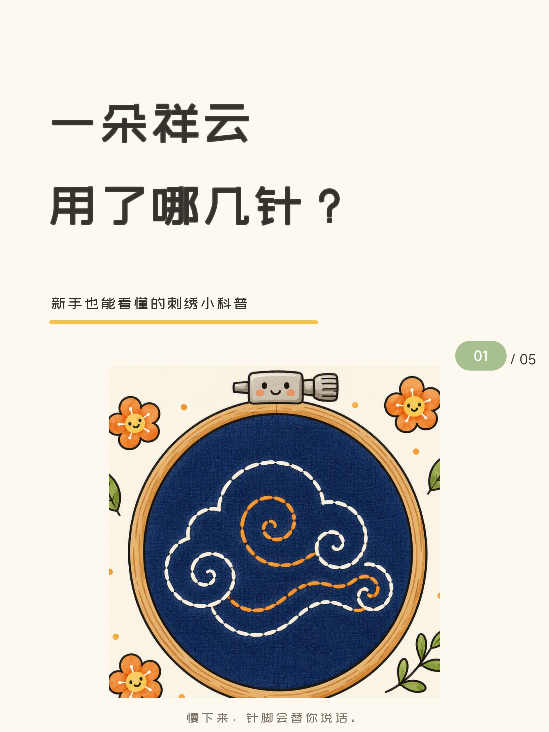 刺绣科普封面：绣绷上一朵用白线勾边、橙线卷心的祥云
