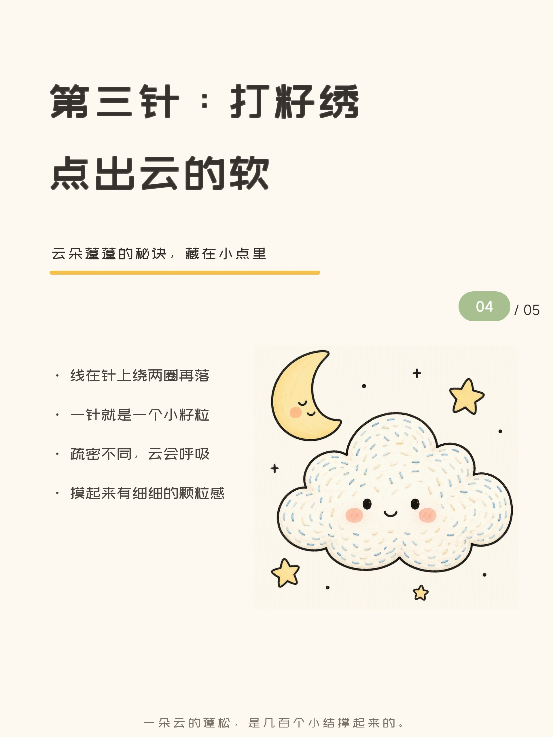 打籽绣针法示意，绕线打出小圆点