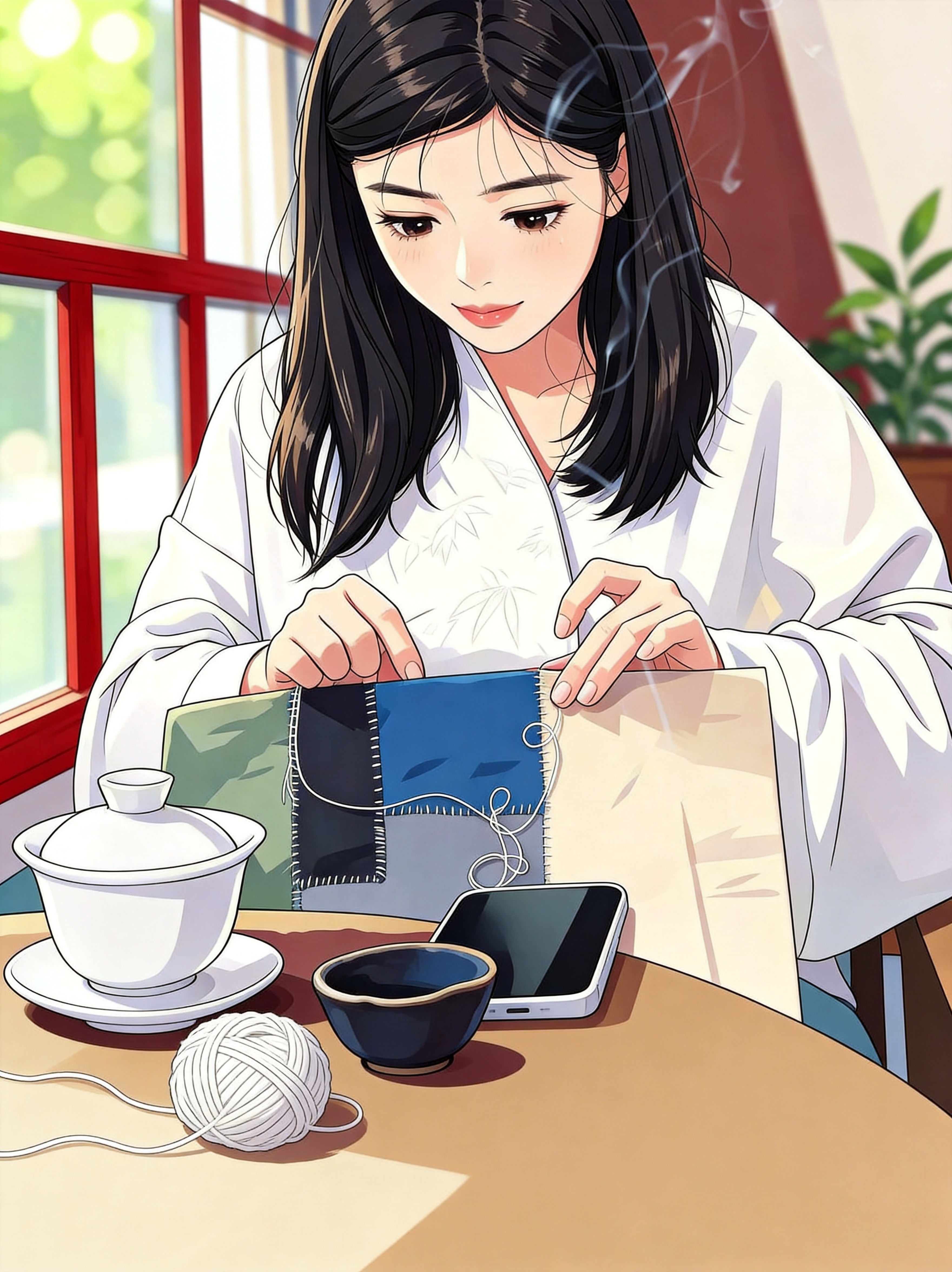 作者卡通形象：一位女子临窗缝缀蓝白拼布，桌上有盖碗与毛线球